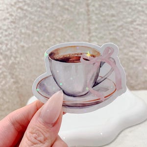 Coquette Coffee Holographic Bow Sticker, Kindle Girly Sticker, Gift for Coffee Lovers