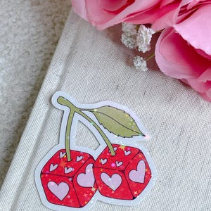 Cherry Dice Holographic Sticker - Heart Dice - Cute Retro Sticker - Kindle Sticker - Trendy Sticker - Waterproof Sticker