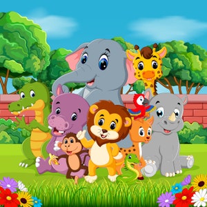 May include: A cartoon illustration of a group of animals including a purple hippopotamus, a gray elephant, a green alligator, a yellow giraffe, a gray rhinoceros, a brown lion, a brown monkey, a brown and orange cheetah, and a green snake. The animals are standing on a green grassy field with a brick wall and flowers in the background.