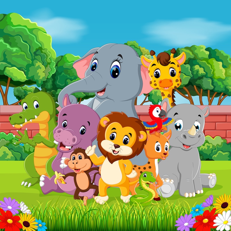 May include: A cartoon illustration of a group of animals including a purple hippopotamus, a gray elephant, a green alligator, a yellow giraffe, a gray rhinoceros, a brown lion, a brown monkey, a brown and orange cheetah, and a green snake. The animals are standing on a green grassy field with a brick wall and flowers in the background.