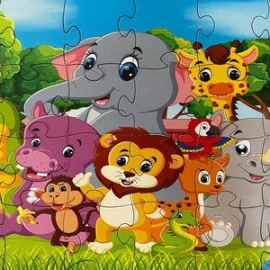May include: A colorful cartoon puzzle featuring a group of animals including a purple hippopotamus, a green crocodile, a gray elephant, a yellow giraffe, a red parrot, a brown lion, a brown monkey, a brown and orange deer, and a gray rhinoceros. The animals are standing on a green grassy field with flowers and a red brick wall in the background.
