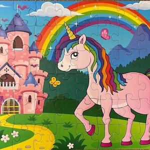Rainbow Unicorn and Castle 60 Piece Jigsaw Puzzle for Kids.