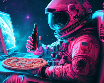 Digital Astronaut Pizza & Beer-  Wall Art Space Canvas - Gift for Him Gift for Her - Bar Art - Retro Wall Décor - Space Art Food Beer Soda