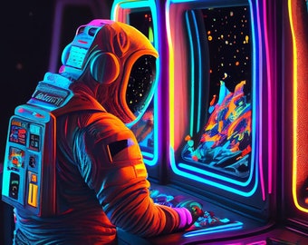 Digital Astronaut Neon Arcade -  Wall Art Space Canvas - Gift for Him Gift for Her - Cool Art - Retro Wall Décor Space Art Synthwave Design
