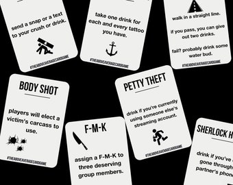 May include: A set of 10 white playing cards with black text and illustrations. The cards feature drinking game prompts such as "You Won't", "Refuse to Sink", "Arrest Me Officer", "Couch Potato", "Body Shot", "F-M-K", "Petty Theft", "El Presidente", "Sherlock Holmes".