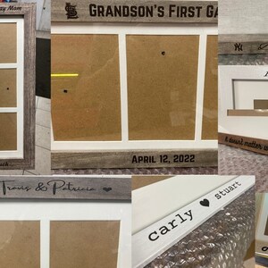 May include: A set of six wooden picture frames with different designs and inscriptions. The frames are all in a rustic style with a light brown wood finish. The inscriptions on the frames include "Happy Mother's Day Mom", "Grandson's First Game", "It's Showtime!", "Travis & Patricia", "carly stuart", and "Nashville 2022".