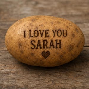 May include: A brown, oval-shaped potato with a textured skin featuring the laser-engraved text I LOVE YOU SARAH and a small heart symbol centered below the name. The potato has natural dark spots and a light brown, earthy surface appearance.