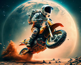 Digital Astronaut Wheelie Boy Wall Art -  Wall Art Space Canvas - Gift for Him Gift for Her - Bar Art - Retro Wall Décor Space Art Dirtbike