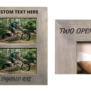 May include: A gray wooden picture frame with two openings for photos. The top opening has the text "CUSTOM TEXT HERE" and the bottom opening has the text "ENGRAVED HERE". The frame has a rustic look and is perfect for displaying photos of your favorite memories.