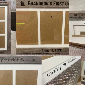 May include: A set of five wooden picture frames with different designs and inscriptions. The frames are all in a rustic style with a light brown wood finish. The inscriptions on the frames include "Happy Mother's Day Mom", "Grandson's First Game", "Dianne", "It's Showtime!", "Travis & Patricia", "carly stuart", and "Nashville 2022".