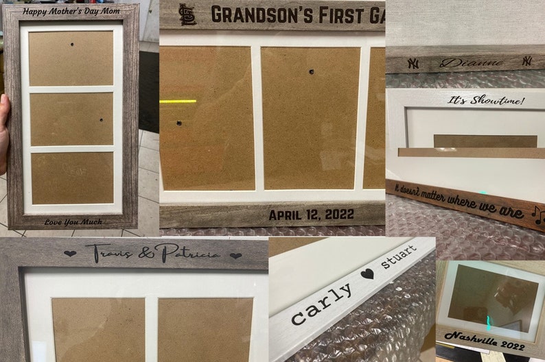 May include: A set of five wooden picture frames with different designs and inscriptions. The frames are all in a rustic style with a light brown wood finish. The inscriptions on the frames include "Happy Mother's Day Mom", "Grandson's First Game", "Dianne", "It's Showtime!", "Travis & Patricia", "carly stuart", and "Nashville 2022".
