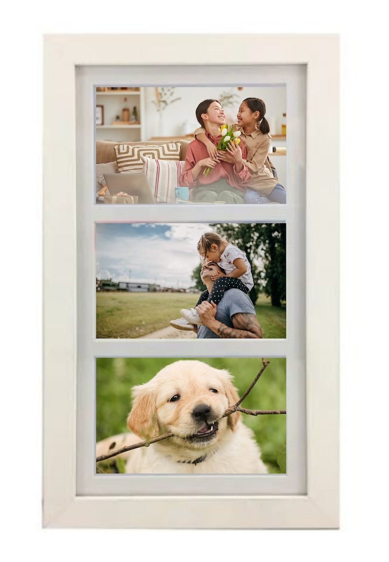 May include: White picture frame with three openings, each holding a different photograph. The top photo shows two people smiling at each other, the middle photo shows a person carrying a child on their shoulders, and the bottom photo shows a golden retriever puppy chewing on a stick.