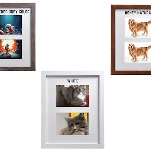 May include: Three double photo frames with different colored frames. The frames are weathered grey, honey natural, and white. Each frame has two openings for photos.