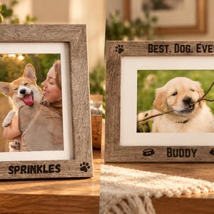May include: Two rectangular wooden picture frames with a weathered grey finish. The vertical frame features the name SPRINKLES and paw prints. The horizontal frame features the text BEST. DOG. EVER., the name BUDDY, and dog bowl icons.