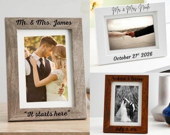 Wedding Frame Personalized Engraved - Custom Gift for Couple - Natural Wood - Grey - Newlywed Gift - Text Photo - Anniversary 5x7 8x10 11x14
