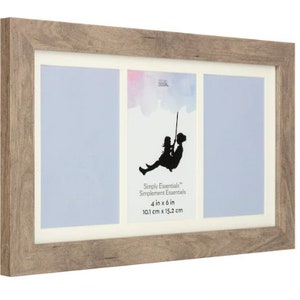 May include: A rustic wood picture frame with three 4x6 inch openings. The frame is light brown with a white mat and a light blue background. The frame has the text "Simply Essentials" and "Simplement Essentiels" printed on it.