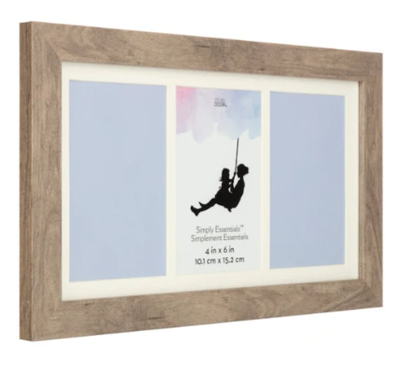 May include: A rustic wood picture frame with three 4x6 inch openings. The frame is light brown with a white mat and a light blue background. The frame has the text "Simply Essentials" and "Simplement Essentiels" printed on it.