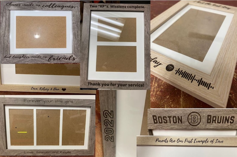 May include: Five different wood picture frames with various engravings. The frames are all in a light brown wood tone. The engravings include "Chance made us colleagues, but laughter made us friends", "Two "KP"s. Missions complete. Thank you for your service!", "Forever your little girls", "2022", and "BOSTON B BRUINS. Parents Are Our First Example of Love".
