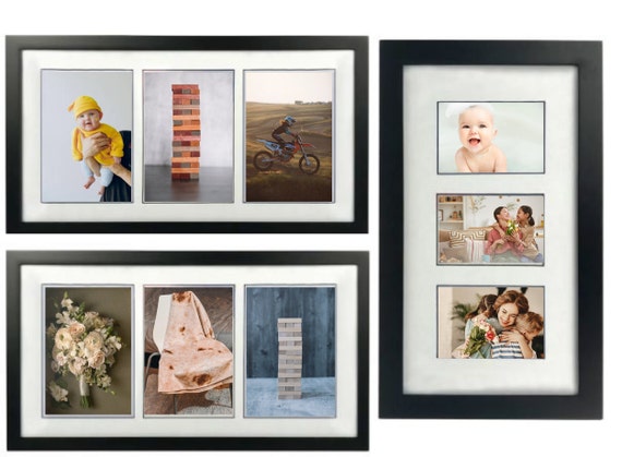 3 Opening Picture Frame 4x6 5x7 2.5x3.5 Black W/ Mat Photo Frame