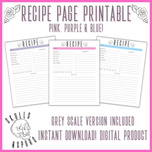 Recipe Page Printable, Meal Planning, Undated Planner Inserts PDF, A5, Letter Size, A4, Instant Digital Download