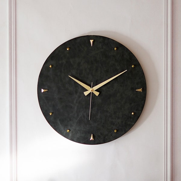 Leather Wall Clock, Black Wall Clock, Unique Wall Clock, Large Wall Clock, Living Room Wall Art, Scandinavian Desing, Housewarming Gift