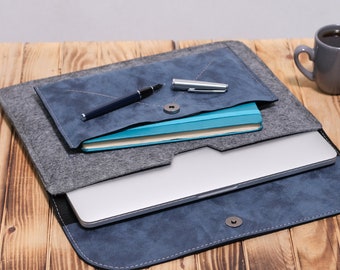 Minimalist MacBook 13-14 Sleeve - Slim Design with Extra Storage Pockets, Macbook Air Pro Sleeve Blue  Wool Felt Macbook Sleeve gift for Him