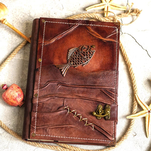 Leather Notebook, Fish Embossed Notebook,Leather Sketchbook,Handmade notebook,Diary book,