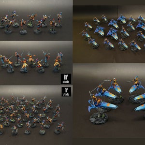 May include: A collection of blue and orange painted miniature figures, some on foot and some riding on blue and orange flying vehicles. The figures are posed in various action poses. The miniatures are painted with intricate details and are ready for tabletop gaming.