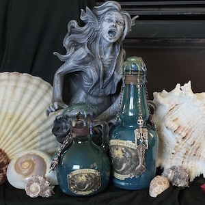 May include: Two teal-colored potion bottles with decorative labels and chains, one with a skeleton fish charm. A gray mermaid statue is in the background, with seashells scattered around the bottles. The bottles are labeled "Siren's Curse Potion".