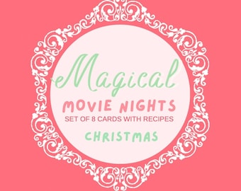 Może przedstawiać: Różowe tło z białą ozdobną ramką. Ramka zawiera tekst "Magical Movie Nights" i "Set of 8 Cards with Recipes" w białym kolorze. Tekst "Christmas" jest w kolorze zielonym.