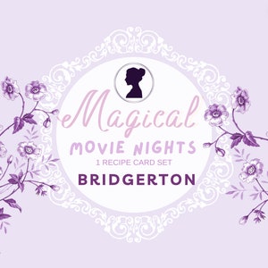 Może przedstawiać: Zestaw ilustrowanych kart w kolorze fioletowym i białym z sylwetką głowy kobiety i tekstem "Magical Movie Nights 1 Recipe Card Set Bridgerton".
