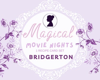 Może przedstawiać: Zestaw ilustrowanych kart w kolorze fioletowym i białym z sylwetką głowy kobiety i tekstem "Magical Movie Nights 1 Recipe Card Set Bridgerton".