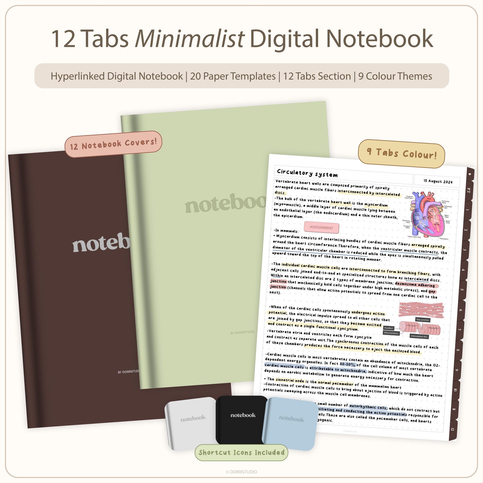 12 Minimalist Tabs Digital Notebook, Portrait Goodnotes Notebook, Soft ...
