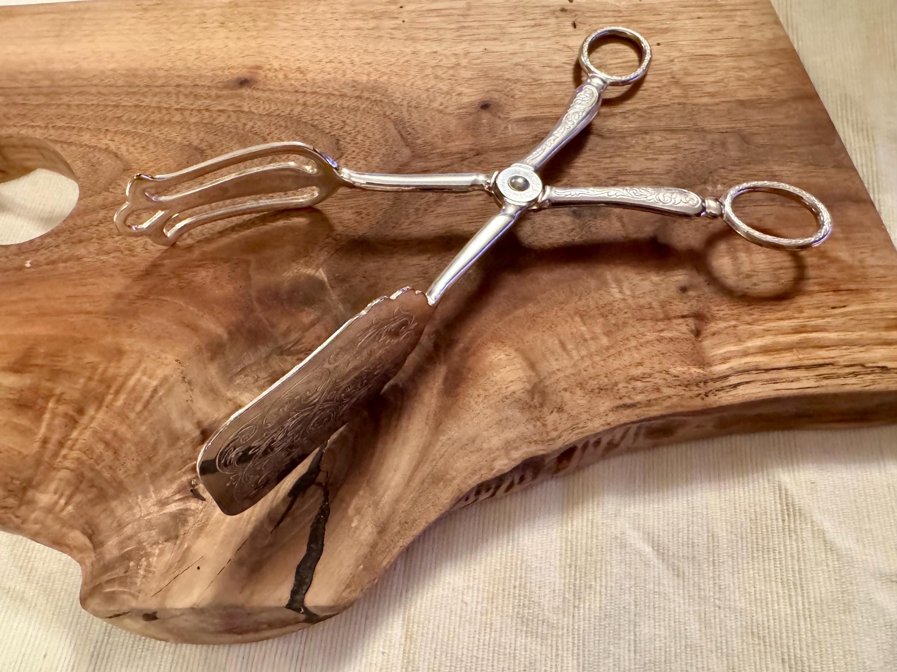 Vintage Silver Plated Scissors-Style Serving Tongs - Engraved Design