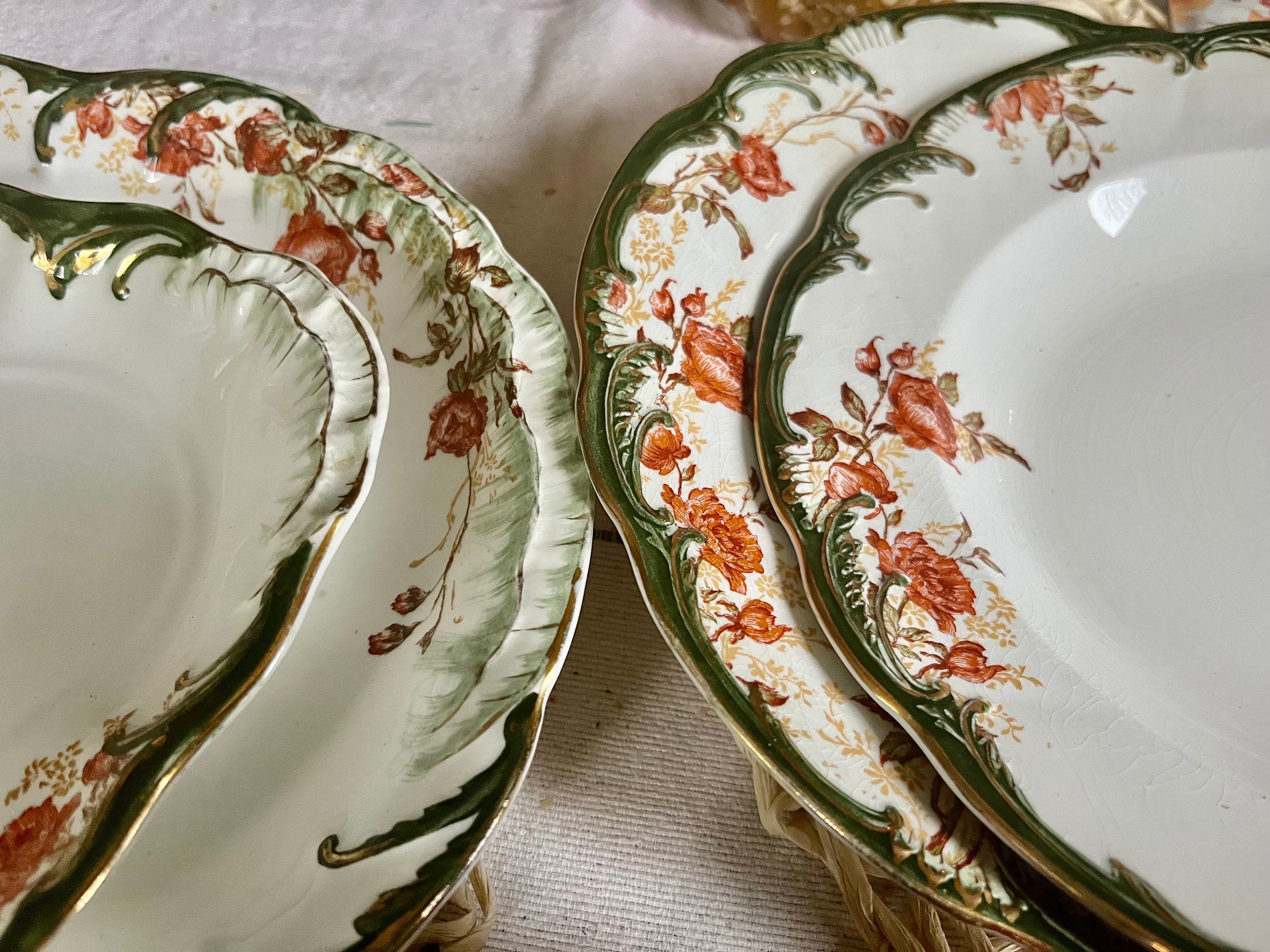 Antique Ridgway England Floral Dining Ensemble: Green & Gold, 6-Piece Set