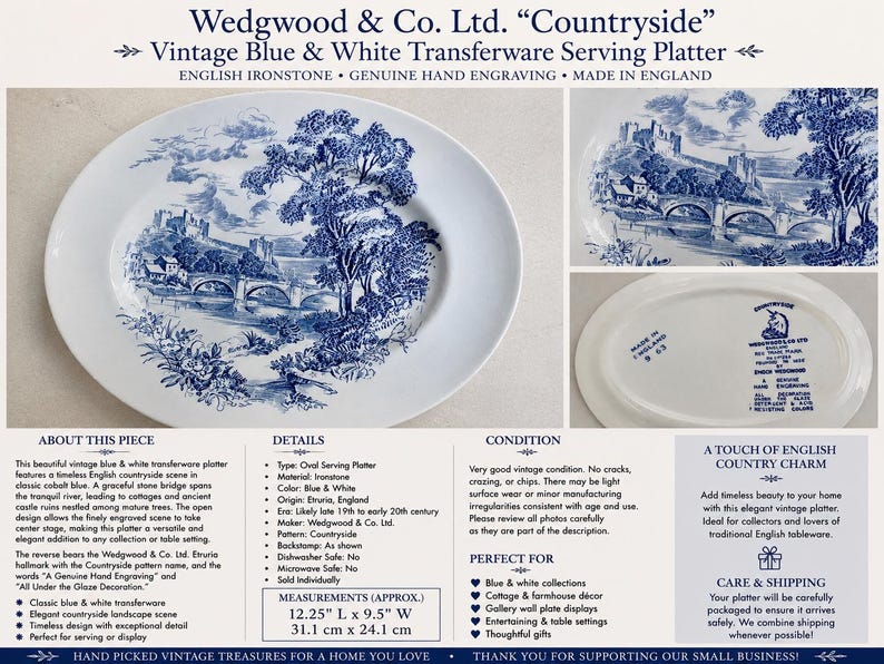 Vintage or Antique Blue & White Transferware Serving Platters bild 9