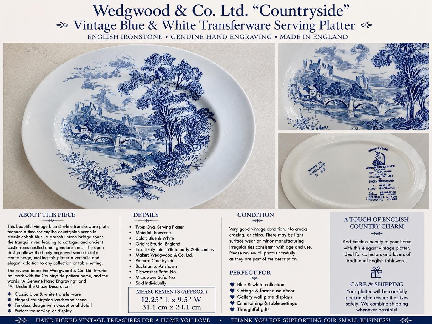 Vintage or Antique Blue & White Transferware Serving Platters