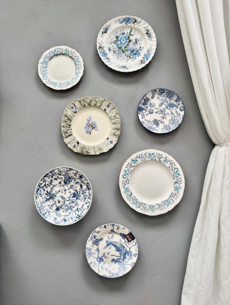 Vintage Mixed Wall Plate Gallery Set Of 7 — Italian Faenza Garofano, Riviera Japan, Royal Albert, Foley, Queen’s Finland & Blue Onion