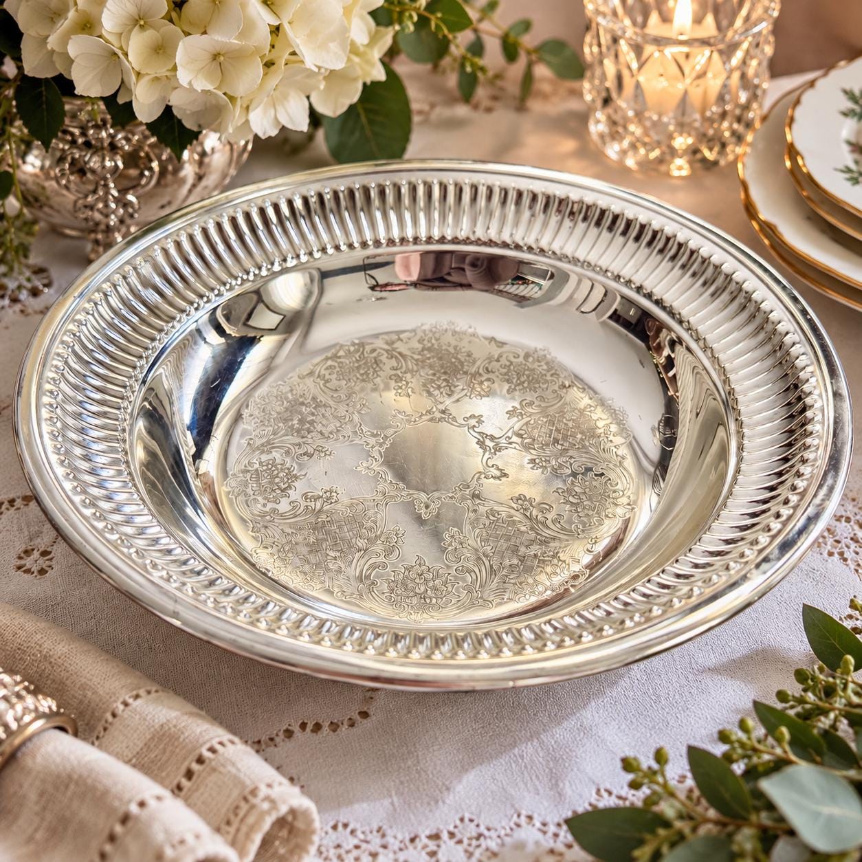 Vintage Silver Plated Serving Bowl 10.25”, Ornate Engraved Centre, Fluted Rim, Tarnish Resistant
