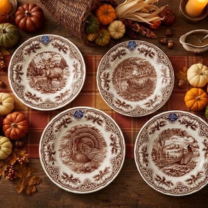 Op de afbeelding: Vier ronde keramische dinerborden met bruine transferware-illustraties van een hert, een eend, een kalkoen en een fazant. Elk bord heeft een geschulpte rand met een gedetailleerde botanische rand, gerangschikt op een geruite tafelloper.