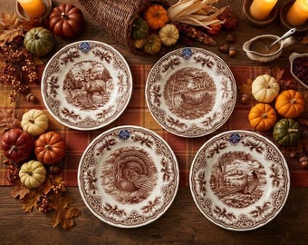 Royal Stafford Thanksgiving Wildlife Plates – Brown Transferware – Dinner & Salad Plates – Made in England