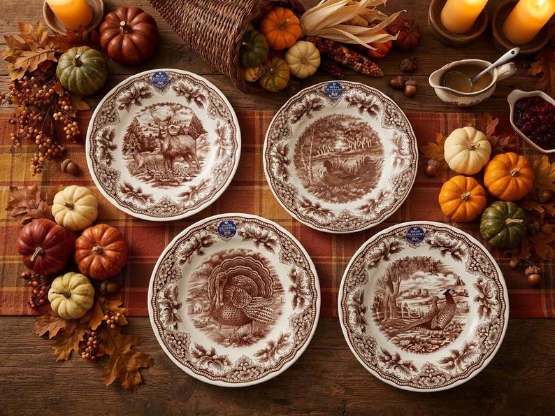 Op de afbeelding: Vier ronde keramische dinerborden met bruine transferware-illustraties van een hert, een eend, een kalkoen en een fazant. Elk bord heeft een geschulpte rand met een gedetailleerde botanische rand, gerangschikt op een geruite tafelloper.