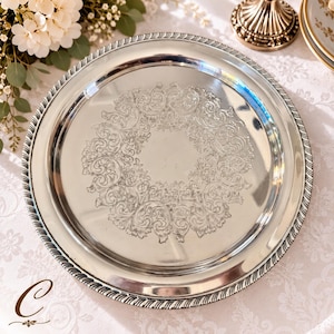 Vintage Silver-Plated Round Tray Collection – Ornate Etched Designs & Classic Makers – Sold Individually C. WM Rogers 12.25”