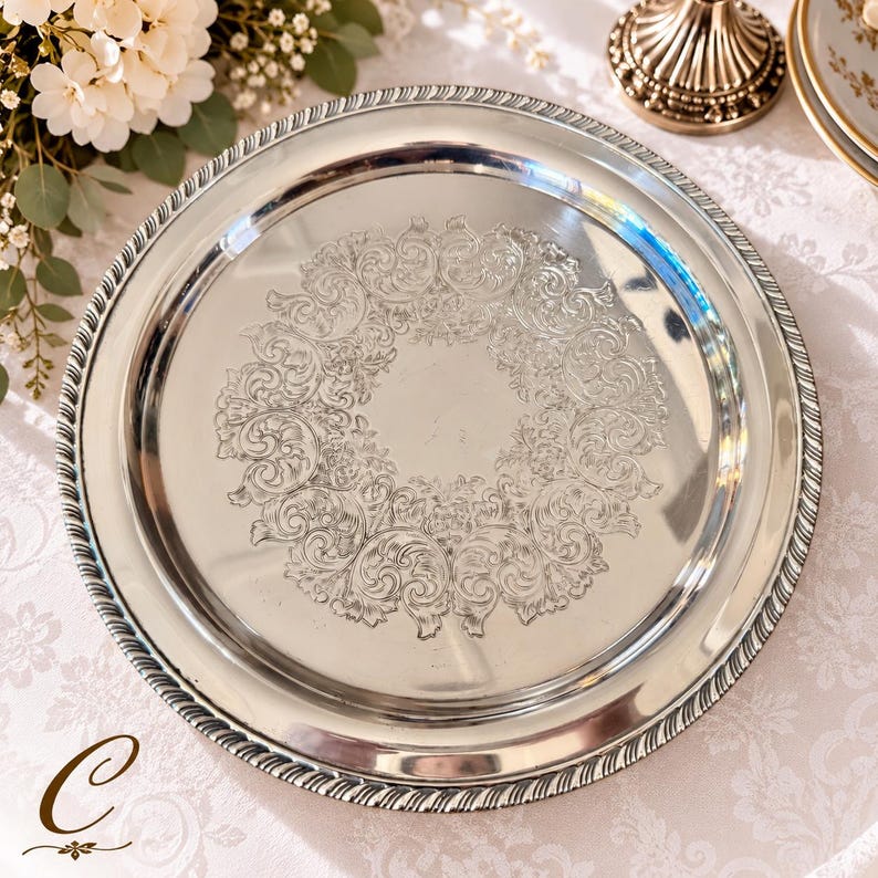 Vintage Silver-Plated Round Tray Collection – Ornate Etched Designs & Classic Makers – Sold Individually C. WM Rogers 12.25”