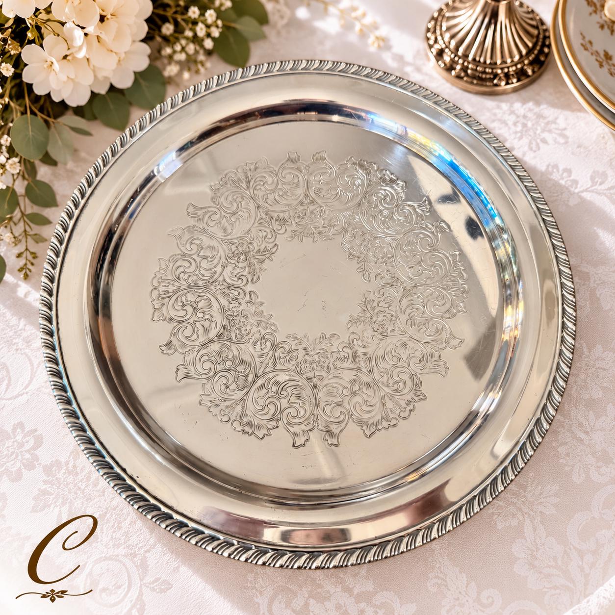 Vintage Silver-Plated Round Tray Collection – Ornate Etched Designs & Classic Makers – Sold Individually