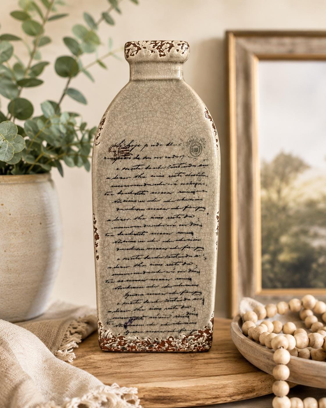 Vintage Rustic Crackle Glaze Ceramic Bottle Vase / Farmhouse Script Decor / Cottagecore Neutral Accent Piece 12”