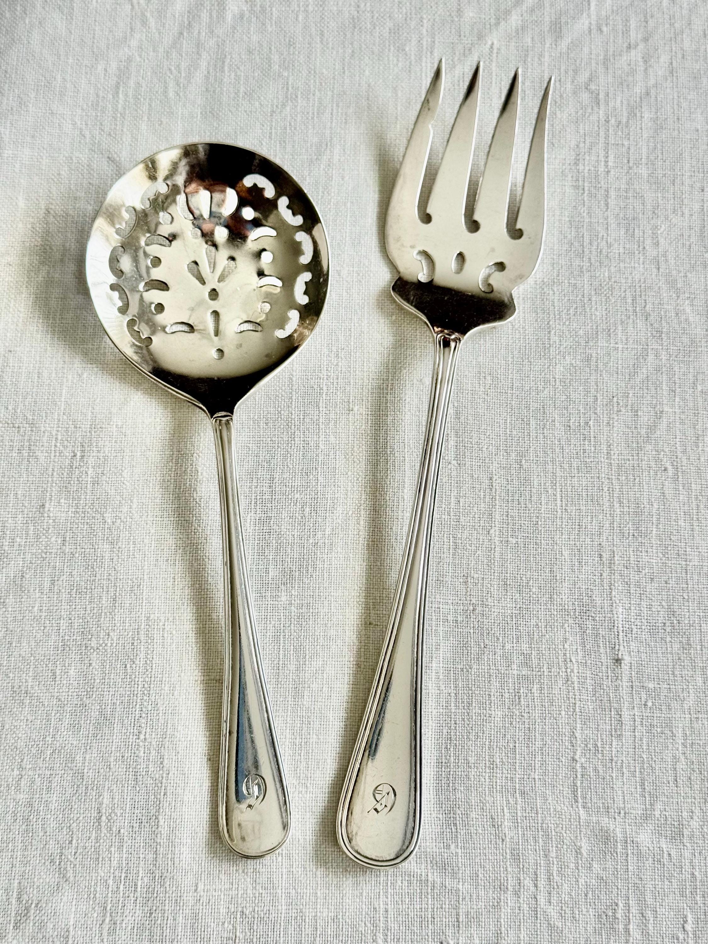 Antique Sterling Silver Dessert Serving Set — Ornate Pierced Spoon & Fork — English Hallmarked — Monogram “D”