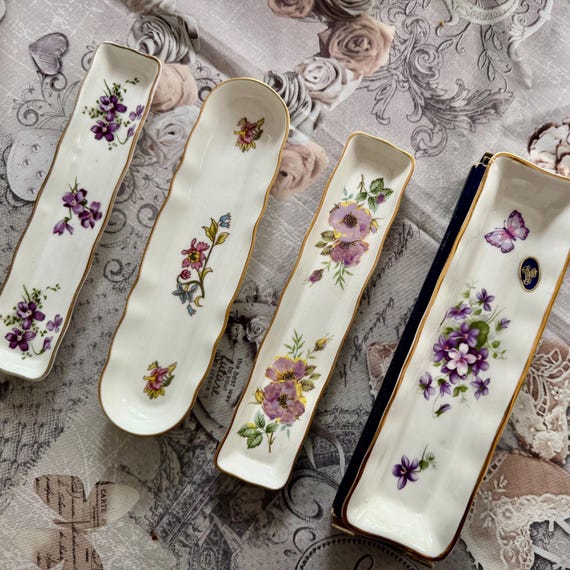 Vintage English Bone China Olive Tray: Pink Roses, Gold Trim