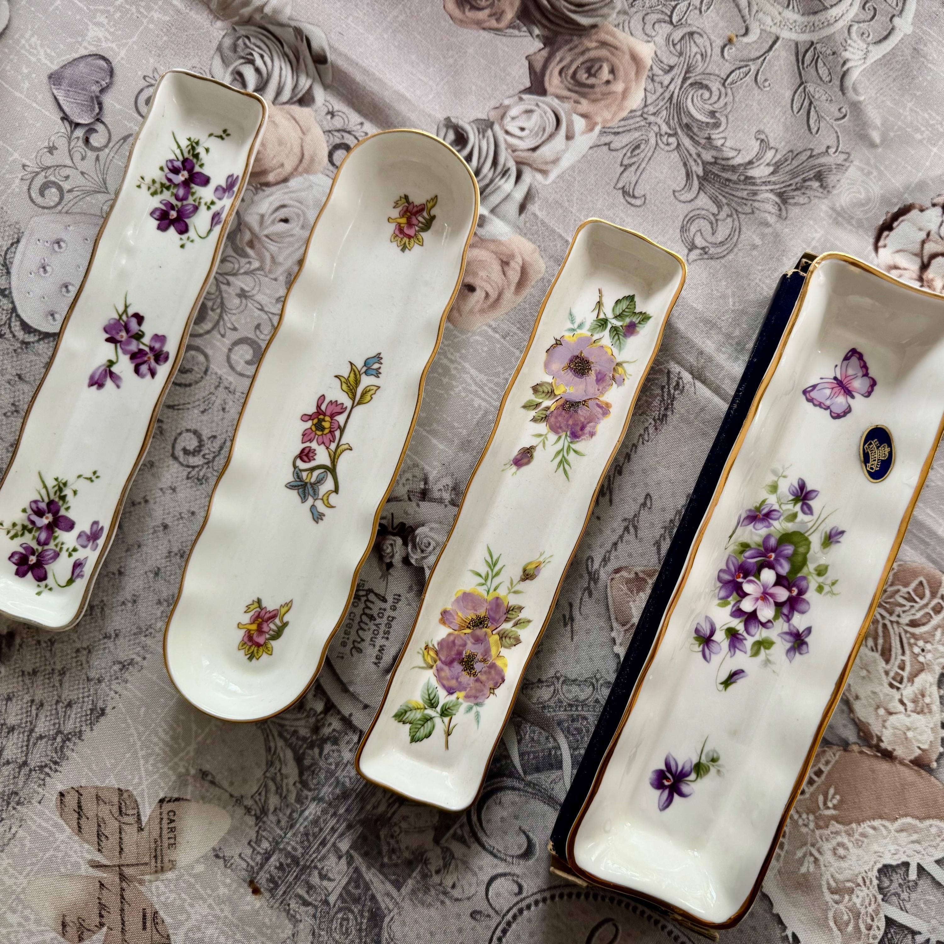 Vintage English Bone China Olive Tray: Pink Roses, Gold Trim