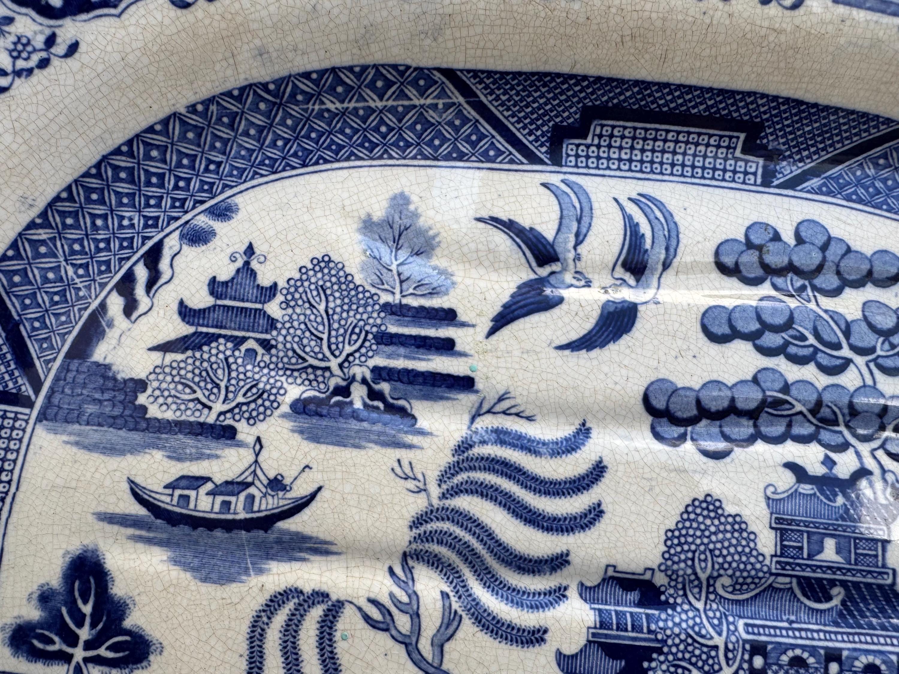 Antique Circa 1840 English Blue Willow “Well & Tree” Meat Platter – Monumental 19th-Century Serving Dish